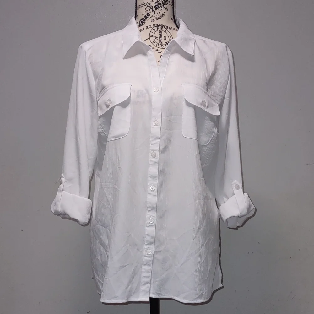 Notations White Collared Long Sleeve Tops Size L Roll Tab 100% Polyester - Picture 2 of 15